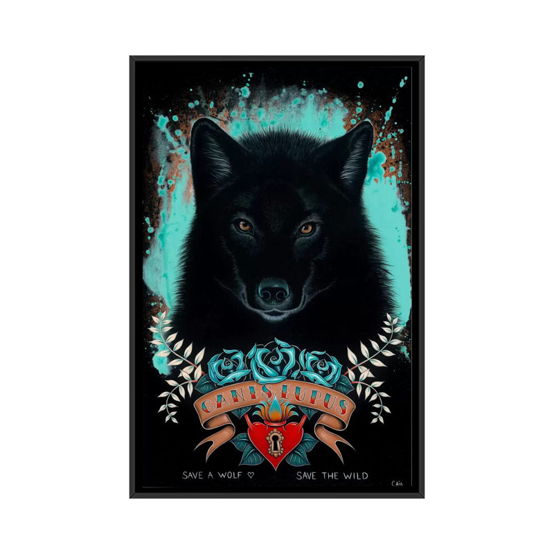 «Canis Lupus», peinture sur toile tendue, H 26 po x l 18 po x P 1,5 po, Toile avec cadre noir, Pas de tapis