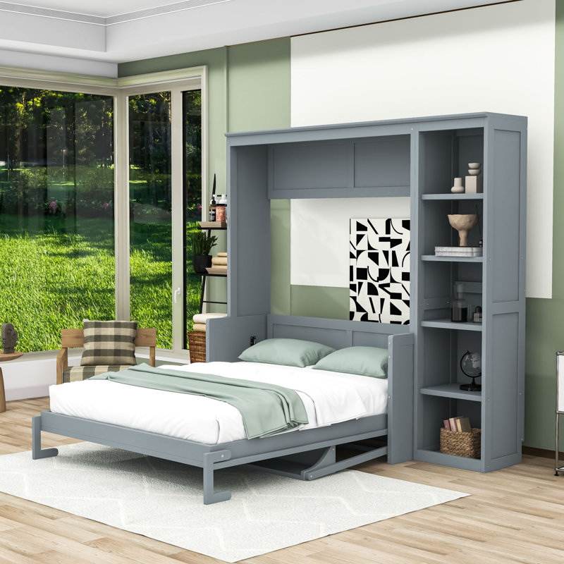 Lit escamotable avec bureau intégré et tablettes de rangement, tête de lit, Gris, Grand lit