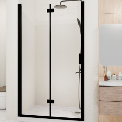 34 - 35.2 In. W X 72 H American Style Folding Pivot Hinged Shower Door With 1/4" Tempered Glass, Matte Black , Reversible Installation Semi Wide And High, Design, For Bathroom