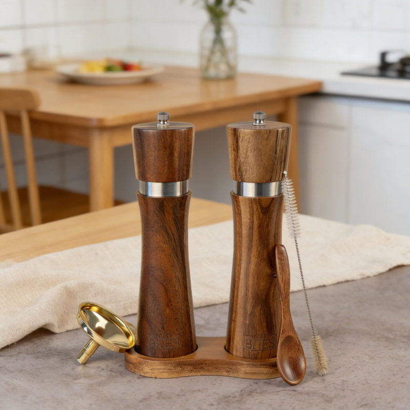 Ensemble de moulins à sel et à poivre en bois d'acacia - Moulins manuels réglables de 8 pouces avec mécanisme en céramique, comprend entonnoir, cuillère, brosse et support - Ensemble-cadeau de moulin à épices de cuisine écologique