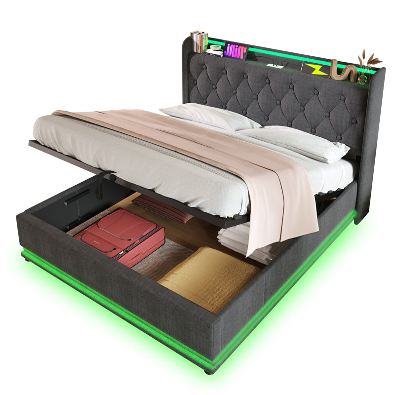 Lit rembourré, fonction DEL à 360 degrés, boutons / applications / télécommande, lit de rangement hydraulique avec chargement USB Type-C, gris, lin (sans matelas)