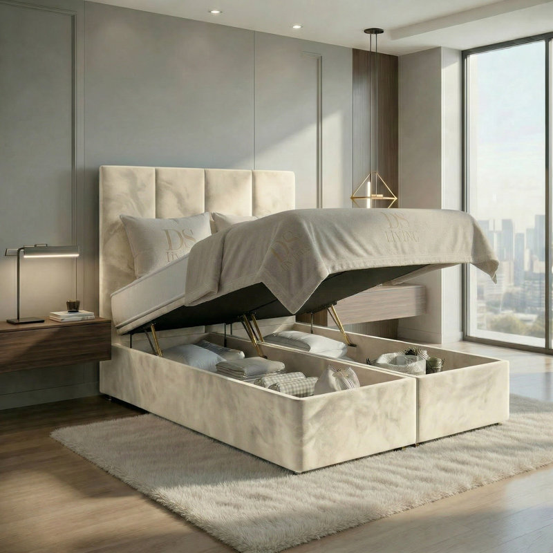 Harmony Ottoman Storage Bed, Cream, Double