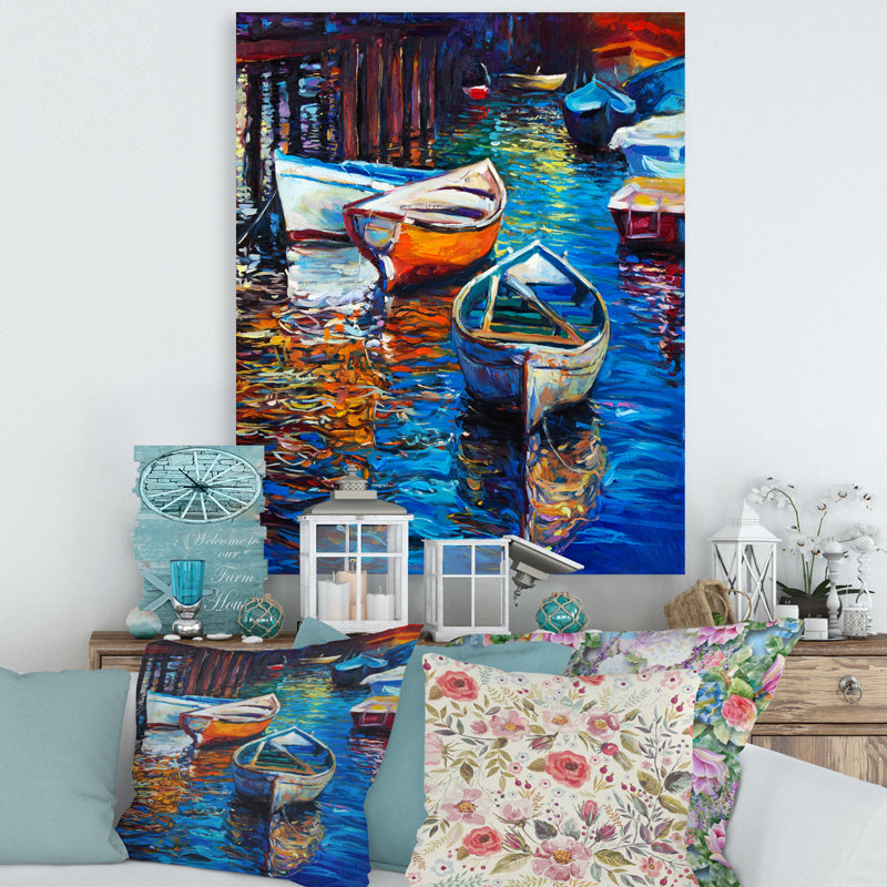 Paysage, bateaux sur l'eau, coucher de soleil sur toile - Warm Sunset X, H 20 po x l 12 po x P 1po, Toile tendue