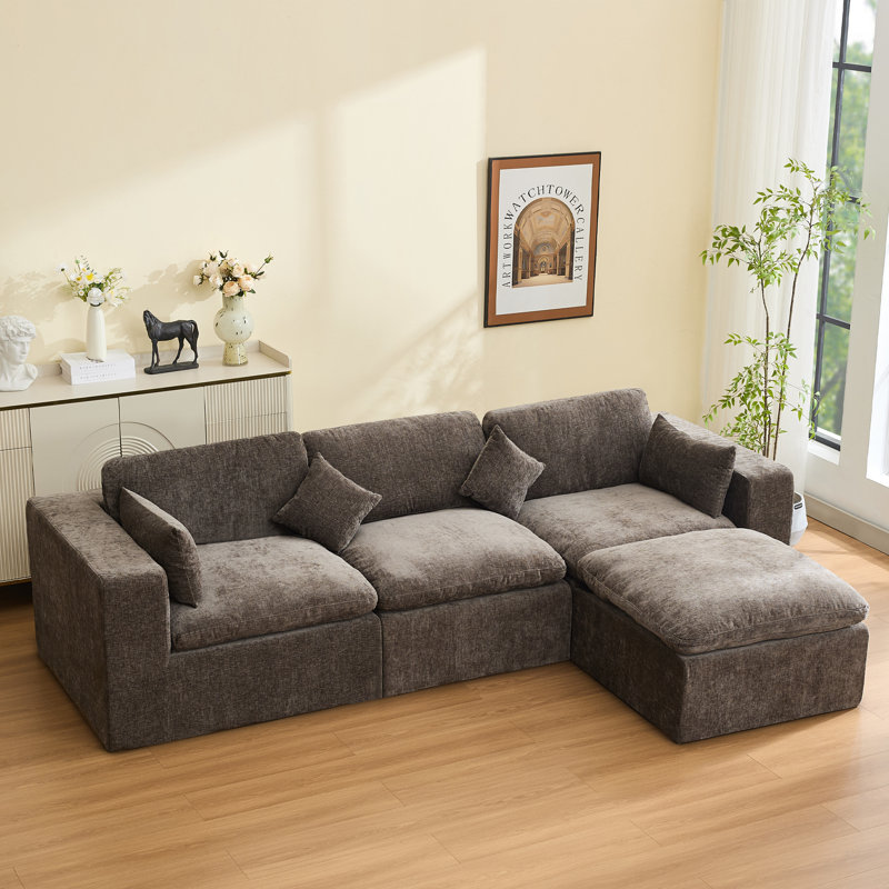Canapé modulaire à compression avec repose-pieds, Chenille brun, H 38,6 po x l 155,1 po x P 74,8 po