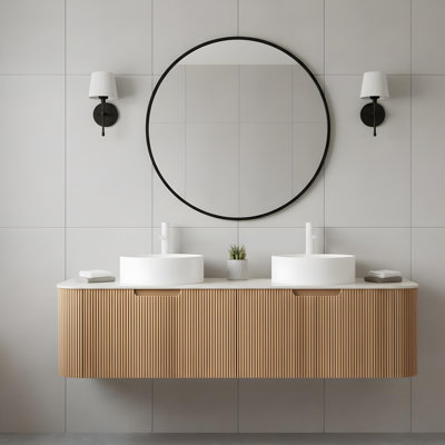 Meuble-lavabo flottant mural 60 po avec 2 lavabos ronds blancs en céramique et 2 tiroirs