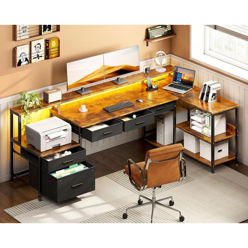 Bureau en L avec 5 tiroirs classeurs, Brun / Noir
