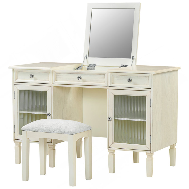 Bureau de coiffeuse 2 en 1 avec miroir rabattable, coiffeuse avec tiroir et armoire, bureau d'ordinateur multifonctionnel pour bureau, vestiaire, chambre à coucher, salon