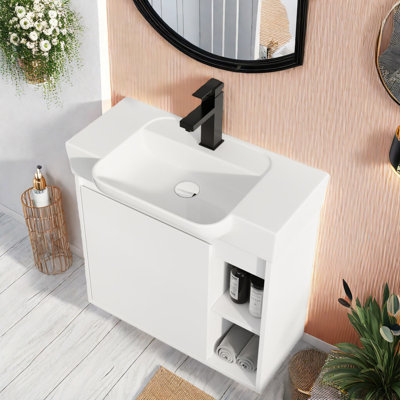 Meuble-lavabo blanc brillant avec lavabo en céramique