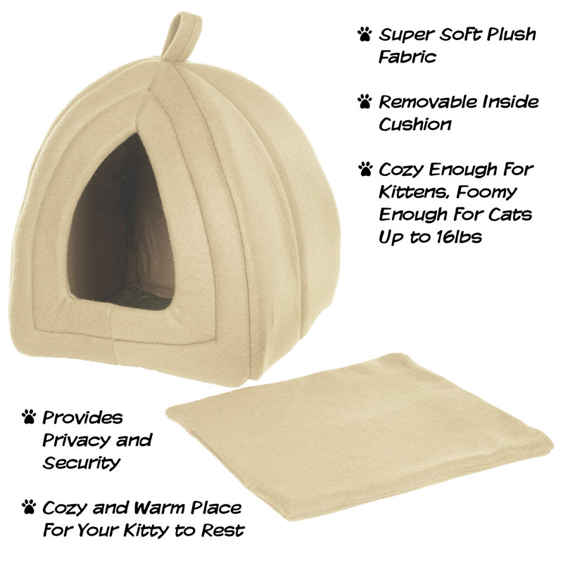 Tan Plush Foam Triangle Cat Bed with Enclosed Hood