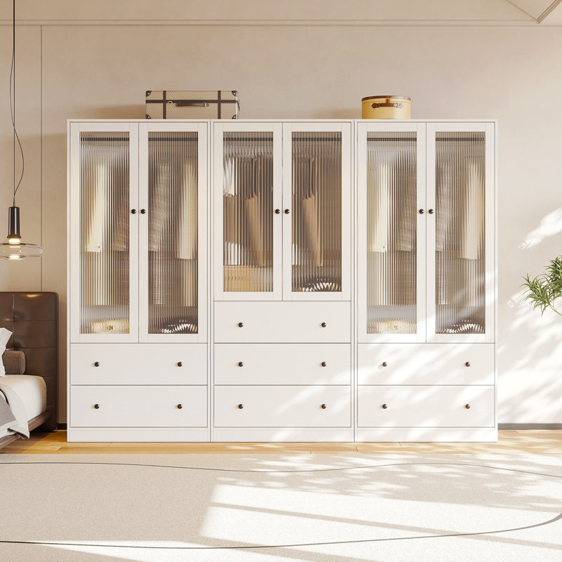 Armoire moderne 20 po x l 94,5 po x H 71 po avec portes à fermeture douce - garde-robe en verre cannelé avec tablettes et tiroirs