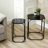 Black Metal Nesting End Table for Living Room Furniture, Mirror Top Nest of Side Tables,Accent Table