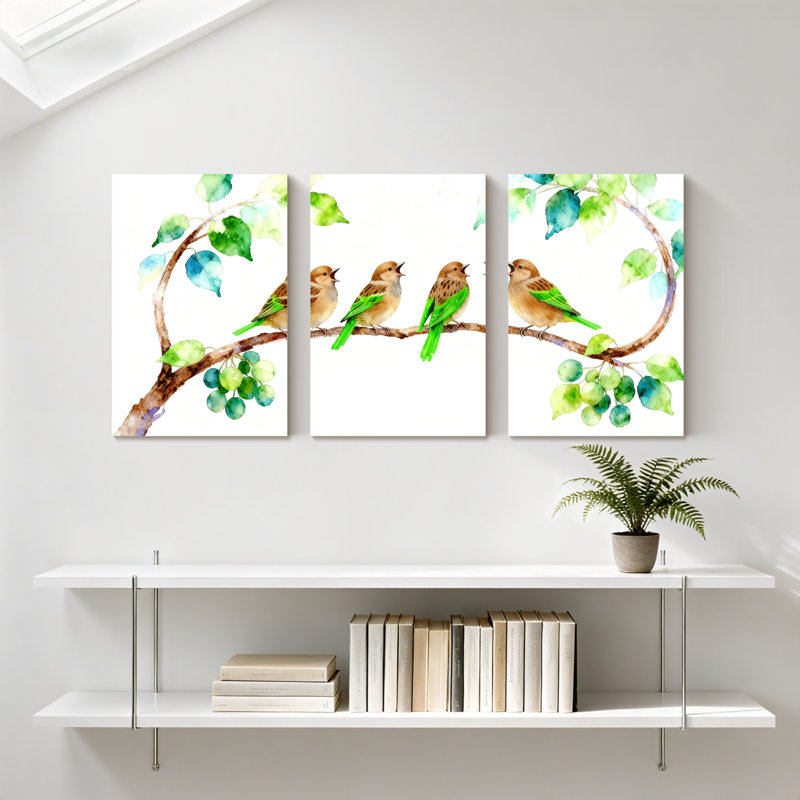 Oiseaux sur une branche avec des feuilles et des baies, ensemble de 3 impressions sur toile, H 18 po x l 36 po