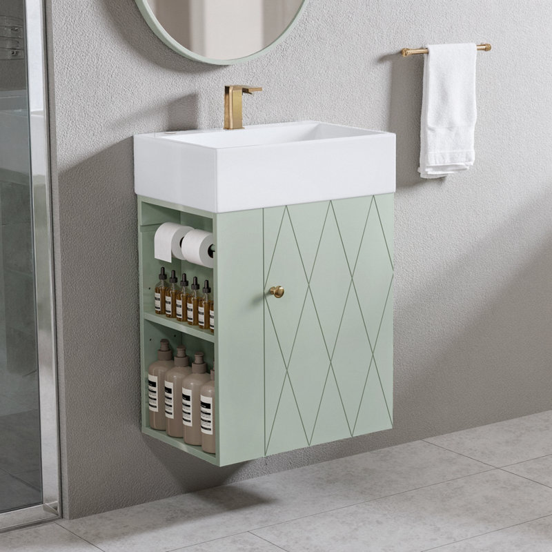 Meuble-lavabo noir 20 po avec lavabo en céramique, porte en diamant, poignée dorée et tablette ouverte - Armoire moderne peu encombrante