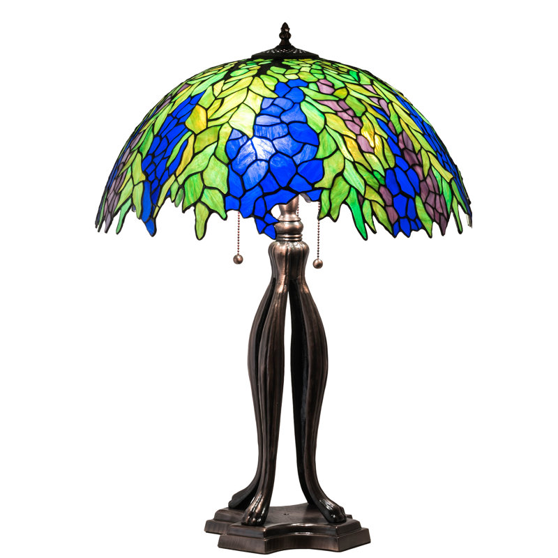Honey Locust 3-Light Mahogany Bronze Table Lamp with Green/Blue Glass Shade