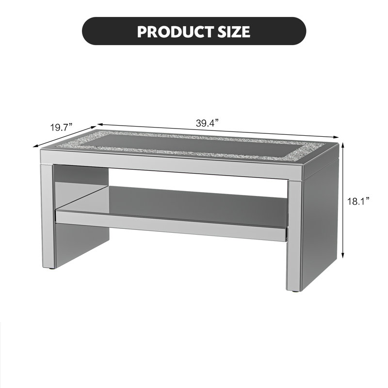 Table basse en miroir avec panneau en cristal, table basse rectangulaire en verre avec 2 niveaux pour le salon
