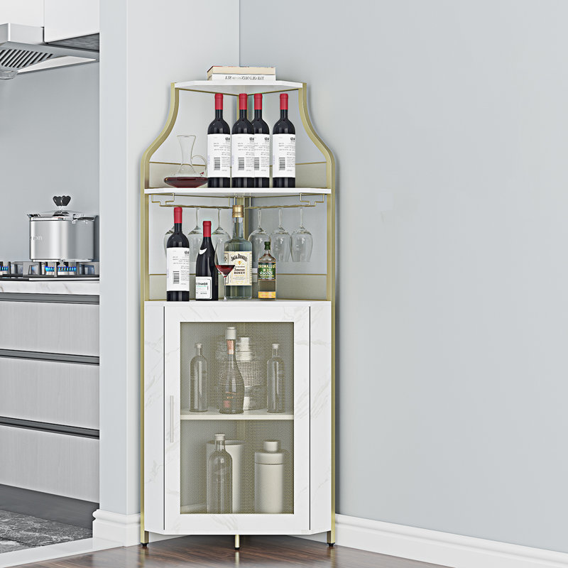 Corner Bar Rack Cabinet With Detachable Wine Rack And Glass Rack, White/Gold