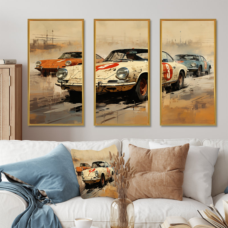 «Vintage Rally Speed Car Melody 2 - Race Tracks», art mural, Cadre flottant doré, H 40 po x l 61 po x P 1 po