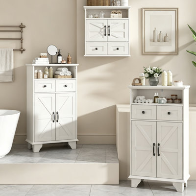 3 Piece Farmhouse Bathroom Organizer Set, Wall Mounted & Freestanding Storage Cabinets With Drawers, Barndoor Doors & Adjustable Shelves For Bathroom,
