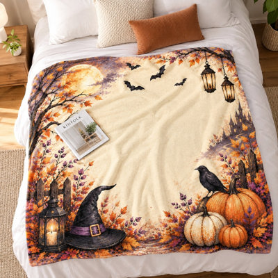 1Pcs Halloween Themed Flannel Blanket – Witch Hat, Pumpkins, Bats, and Moon Print;Single-Sided DesignWarm CozyPerfect for Fall Decoration Home RelaxationIdeal Living Room, Bedroom, TravelA Festive Gift Lovers. B