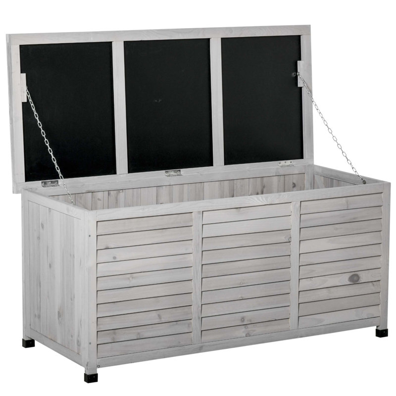 Coffre de terrasse en bois robuste avec une capacité de 75 gallons, une base ventilée, un mécanisme de couvercle sécurisé et une solution de rangement de sièges multifonctionnelle.