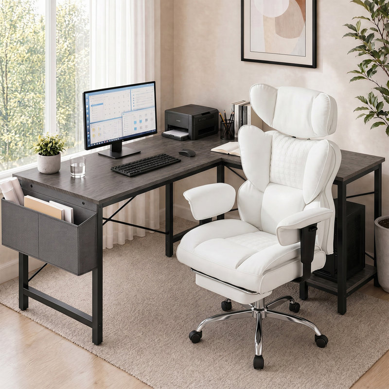 Bureau d'ordinateur en L Nahant avec chaise ergonomique multifonctionnelle à haut dossier, Gris / Blanc