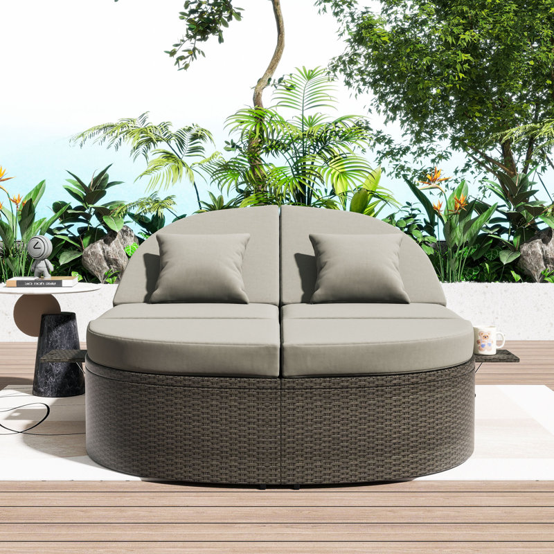 2-Person Rattan Chaise Lounge with Adjustable Backrests and Cushions for Patio or Poolside, Brown, Gray