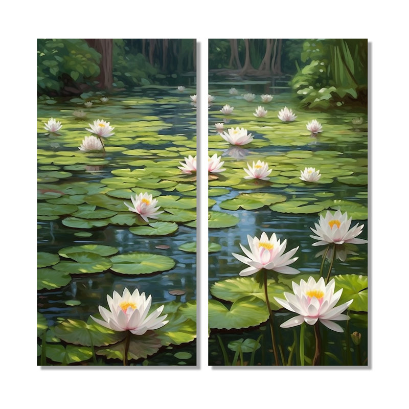 Magical Lotus Lily Pad Pond - Art mural moderne, H 32 po x l 32 po, Toile tendue sur cadre, Ne s’applique pas