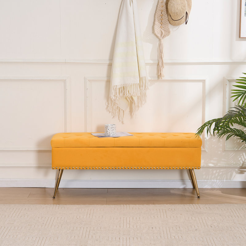 Velvet Storage Ottoman Bench Modern Bedroom End of Bed Bench with Gold Legs, Yellow, 18" H x 46" W x 15.5" D