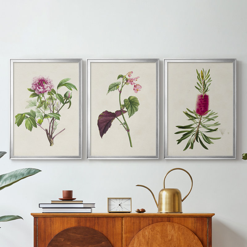 «Pretty Pink Botanicals» - Toile tendue avec châssis sur mesure - 3 pièces, H 19 po x l 27 po, Argent argent