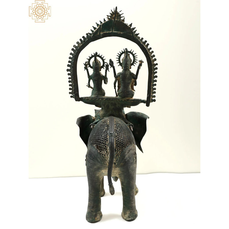 22" Brass Vishnu Lakshmi Seated on Elephant Wall Hanging – Handmade Dhokra Tribal Art for Home Temple and Living Room Decor