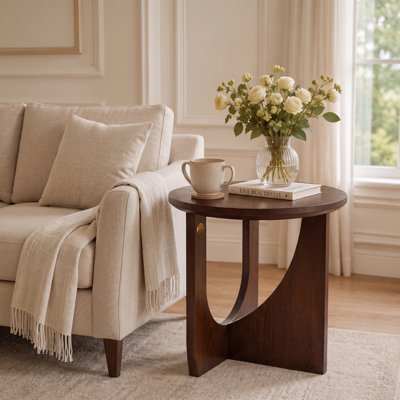 Solid Wood Side Table, Round Walnut End Table, Small Wooden Accent Table for Living Room, Bedroom & Reading Nook