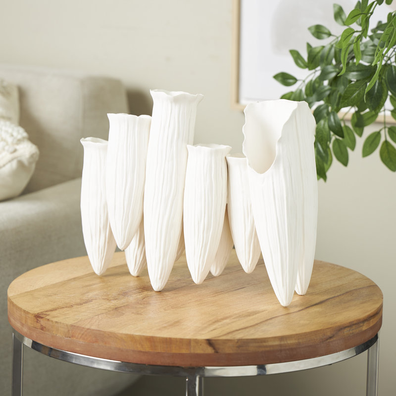 Lark Manor™ Ceramic Floral Inspired 10 Openings Abstract Vase With Linear Grooves, White