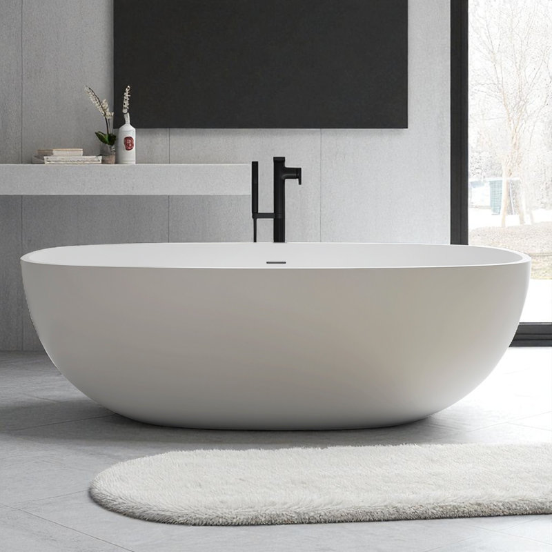 71" X 34.5" Freestanding Solid Surface Stone Resin Soaking Bathtub With Overflow And Pop-Up Drain Matte White