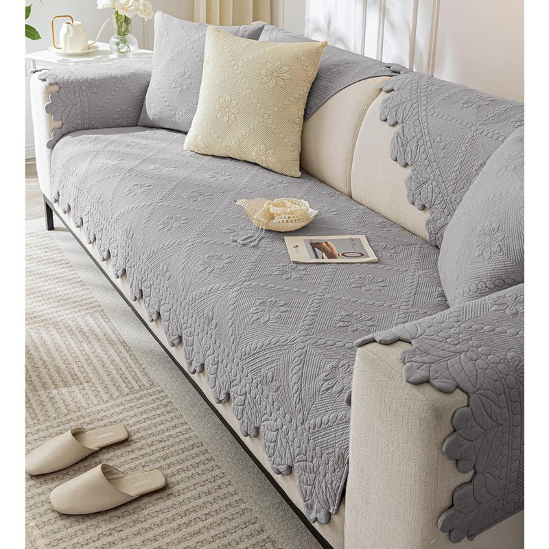 Housse de canapé matelassée en coton, antidérapante et lavable, idéale pour les animaux de compagnie, style campagnard, grise