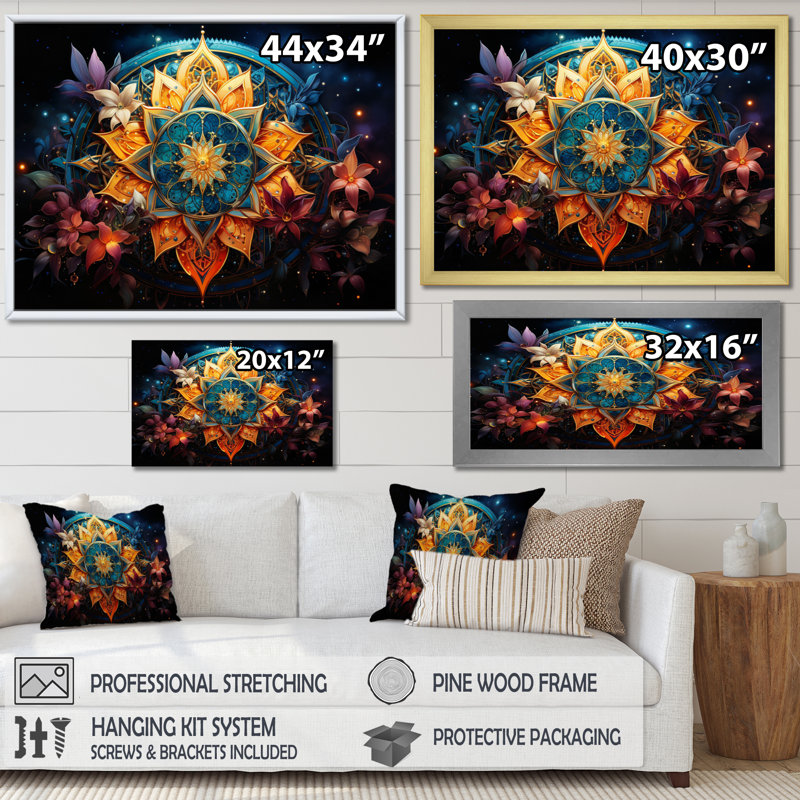 " Teal Orange Buddhist Art Mandala Harmony ", Black Single Picture Framed, 30" H x 40" W x 1.5" D