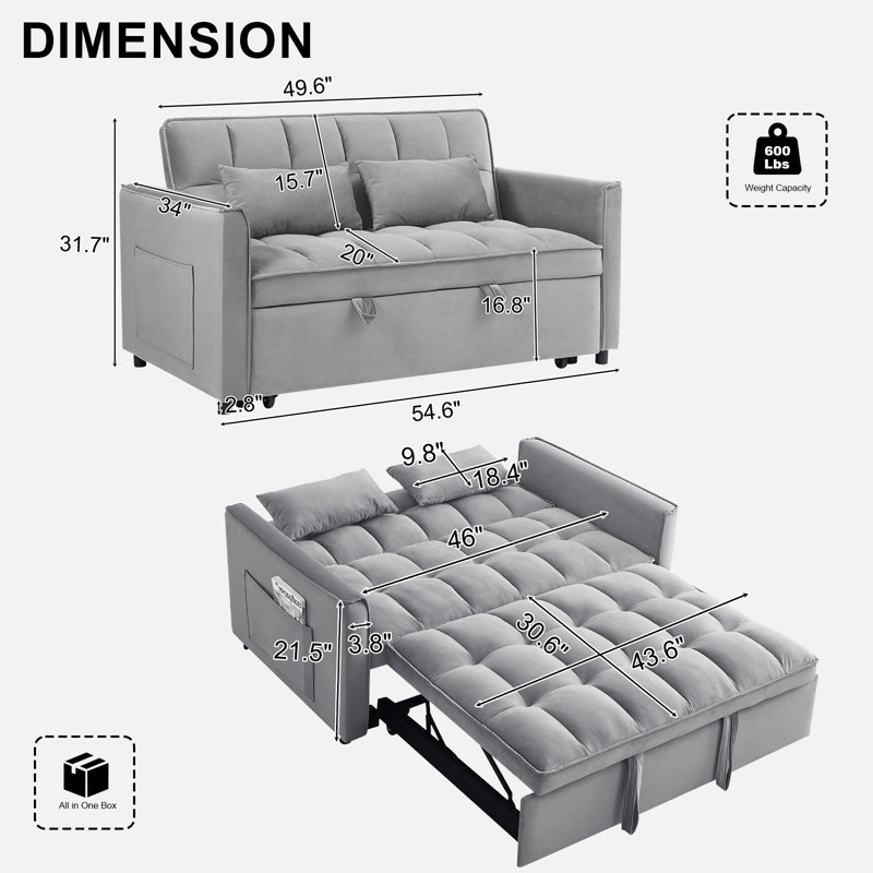 3 in 1 Convertible Sleeper Sofa Bed, 55" Pull Out Couches, Modern Loveseat Sleeper Sofa with Adjustable Reclining Backrest & Side Pockets for Living Room, Velvet Fabric, Gray