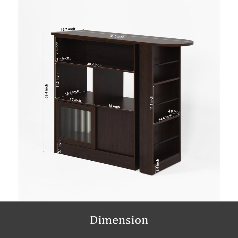 Modern Bar Cabinet With Rotating Top, Counter Height Dining Cabinet With 6 Storage Space And 2 Ribbed Glass Door For Kitchen, The Rotating Top With 3 Storage Shelves Dining Room, Living Room, Walnut