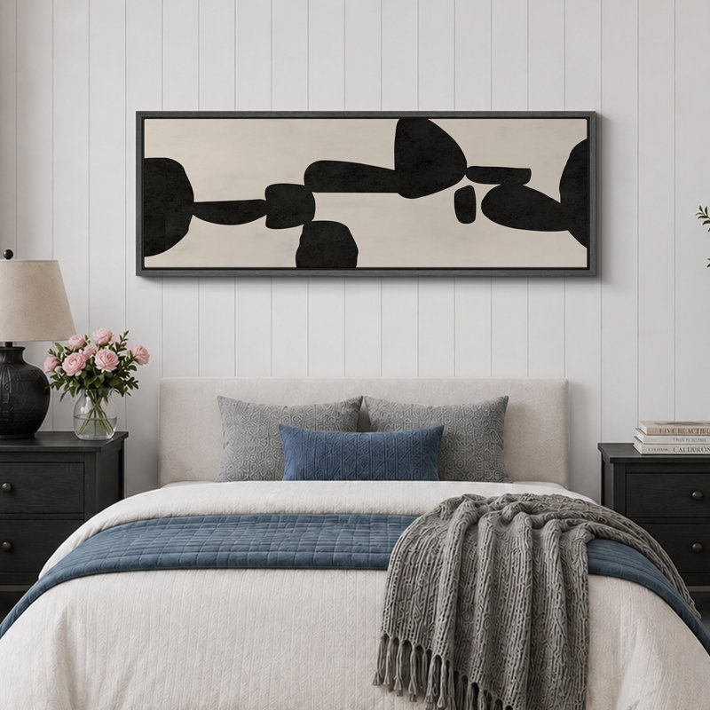 Abstrait abstrait géométrique noir Mid-Century, H 20 po x l 60 po, Noir, noir, noir, noir