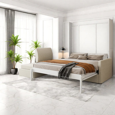 Grand lit escamotable multifonctionnel avec canapé et tablettes, MDF blanc pour une vie compacte