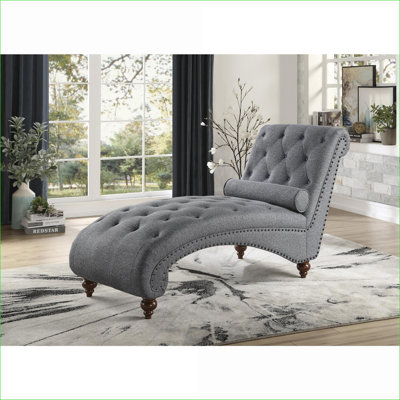 Chaise d'appoint capitonnée à boutons gris ardoise, garniture cloutée, structure en bois massif, avec coussin traversin, sièges confortables pour les adultes du salon