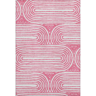 5' X 8' Blush And Ivory Geometric Distressed Washable Area Rug With UV Protection