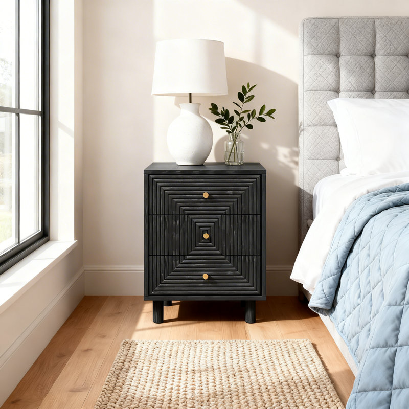 3-Drawer Nightstand With Solid Wood Legs, Black