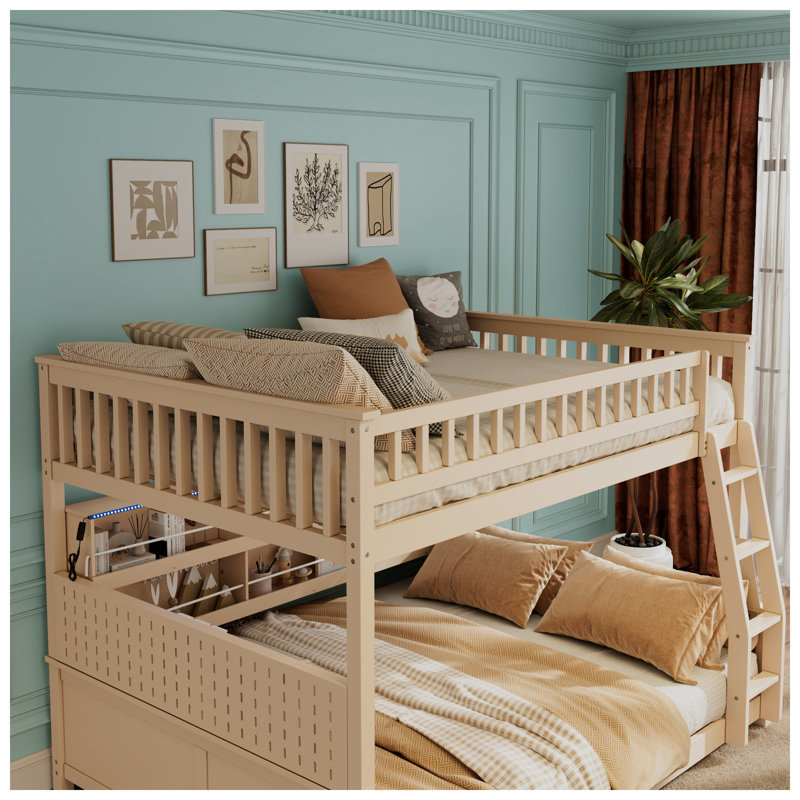 Lit double superposé au-dessus de grand lit double et tablette intégrée Adelaide l 62,8 po x P 83,7 po x H 59 po Adelaide