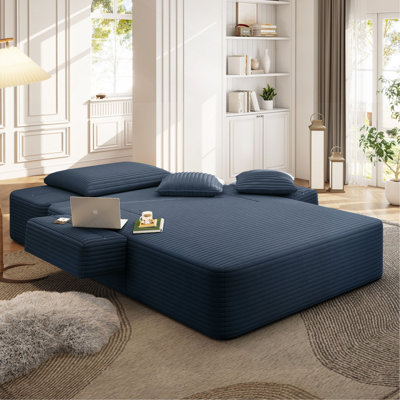Luxueuse chaise longue en velours côtelé moelleux avec 3 coussins, canapé-lit convertible avec poche de rangement, conception sans cadre et mousse de compression pour les petits espaces, salon, appartement