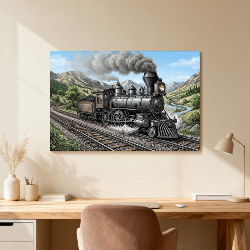 Machine à vapeur sur paysage de montagne, H 12 po x l 18 po, Toile tendue, Ne s’applique pas