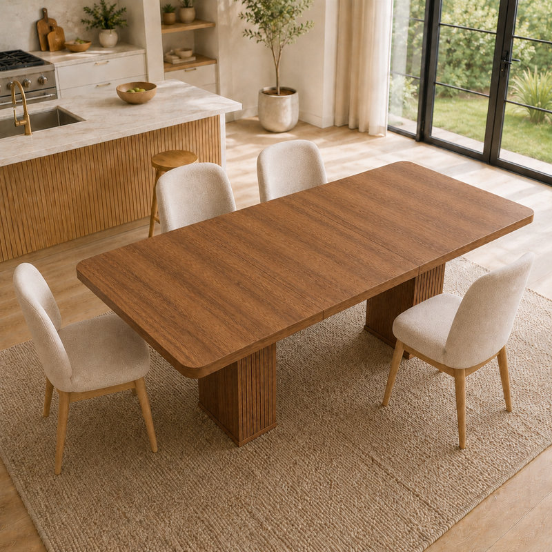 Table de salle à manger moderne extensible en bois pour 4 à 8 personnes avec base piédestal, Noyer brun