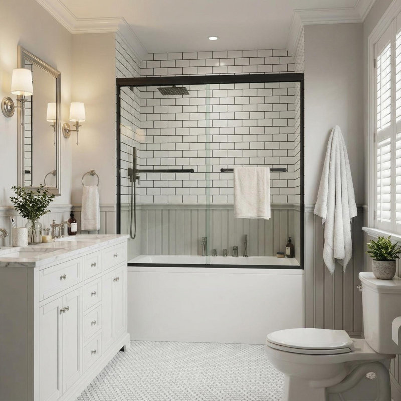 Bathtub Sliding Shower Door Glass Panel for Tub Shower Space and Bathroom Remodel, Matte Black