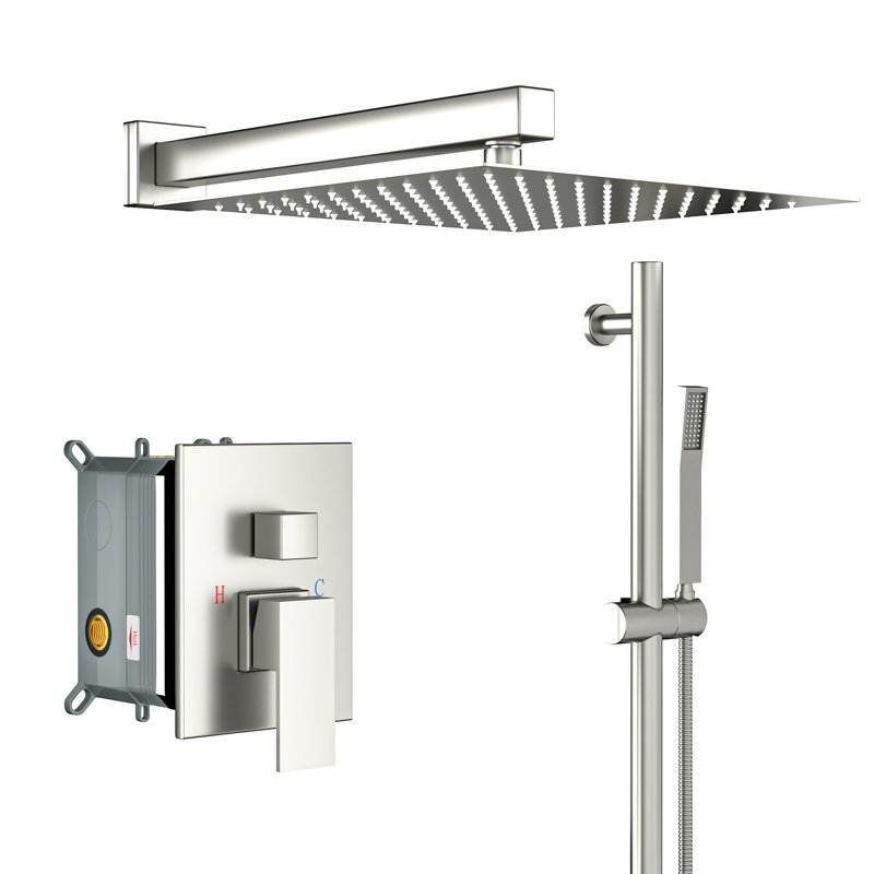 Douche carrée de 12 pouces en nickel brossé - Barre coulissante réglable, soupape équilibrée et composant portatif avec tête