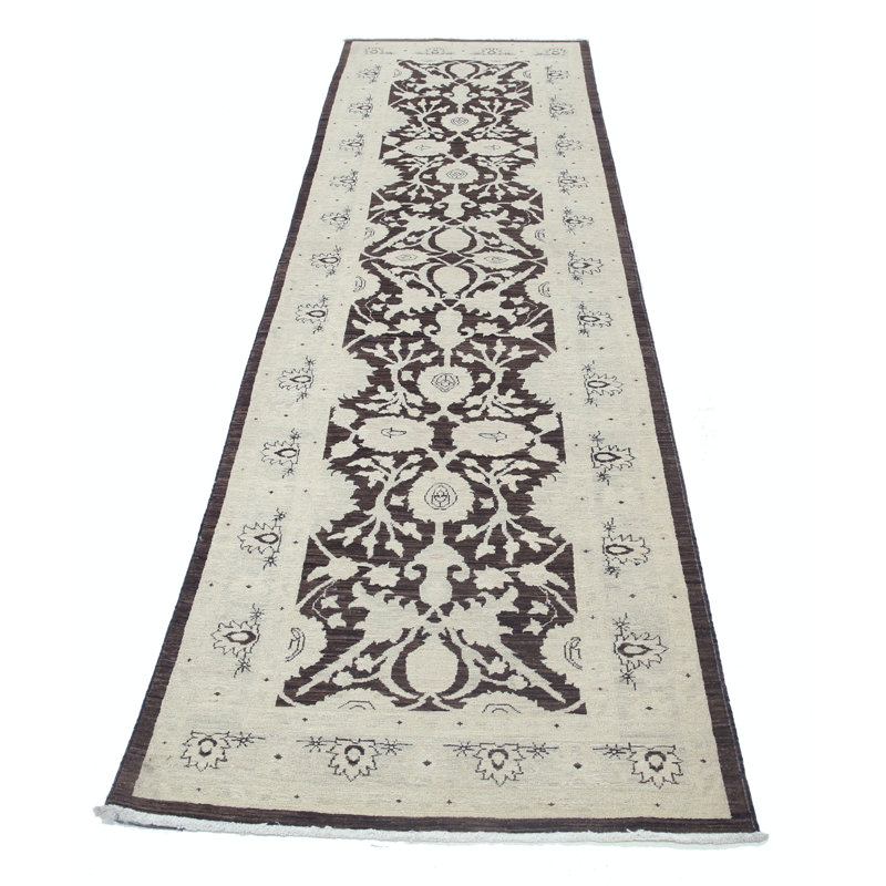 Tapis de couloir floral 3 x 10 pi, tapis de couloir de cuisine, tapis de couloir noué à la main, tapis d'escalier brun, 100% laine
