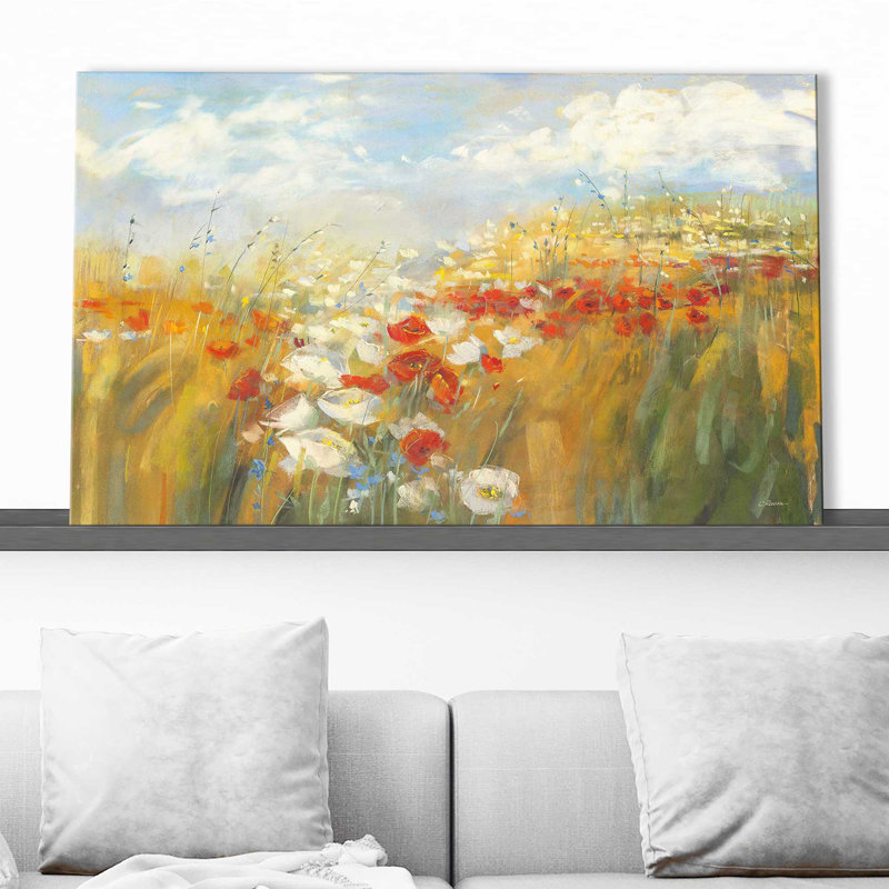 Coquelicots et larkspour - Peinture, Toile tendue, H 28 po x l 48 po x P 1,5 po